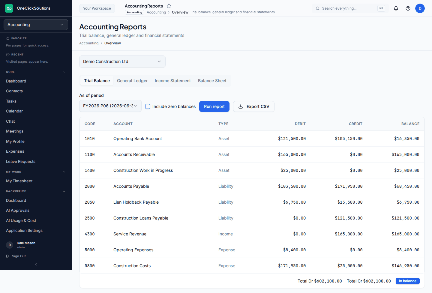 Platform accounting trial balance for a construction entity — in balance, with a dedicated lien holdback payable account